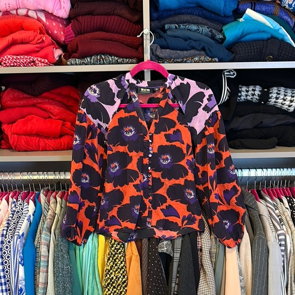 Maeve 100% silk orange/purple floral print long sleeve front cut out v neck XS - Picture 1 of 3